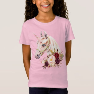T-Shirt Unicorne Floral Watercolor Girls Short Sleeve