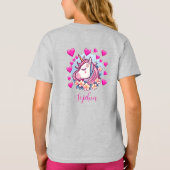 T-shirt Unicorne mignonne, Coeurs et Fleurs roses, Nom per (Dos)