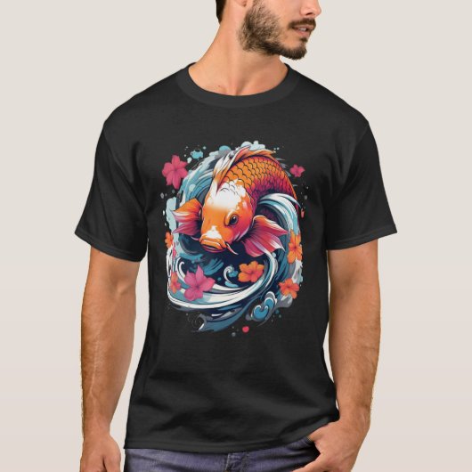 T-shirt Unique Koi Fish Japanese Carp with flowers (Devant)
