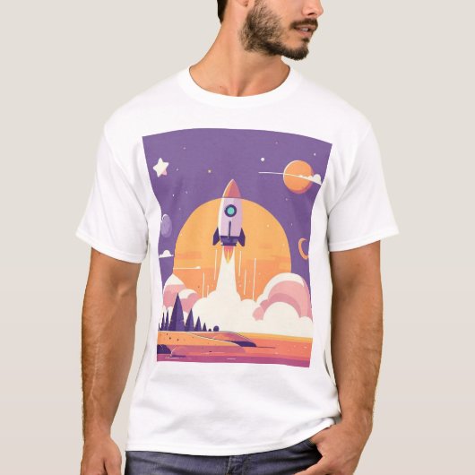 T-shirt Unisex Rocket Lancement Planet Alien Purple Stars  (Devant)
