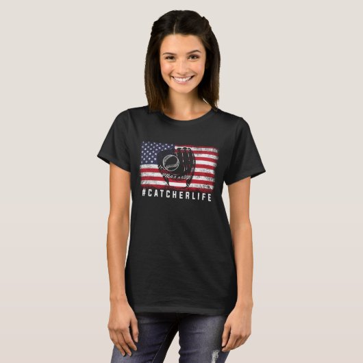 T-shirt US Softball Player American Flag Softball Catcher (Devant entier)