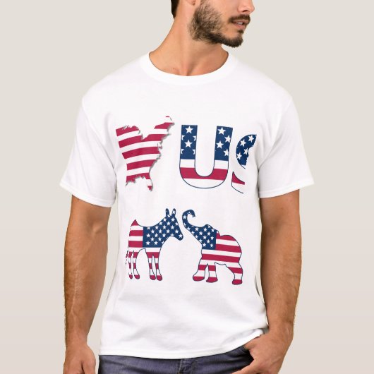T-shirt USA Map Drapeau Donkey & Elephant, Rouge Blanc & B (Devant)