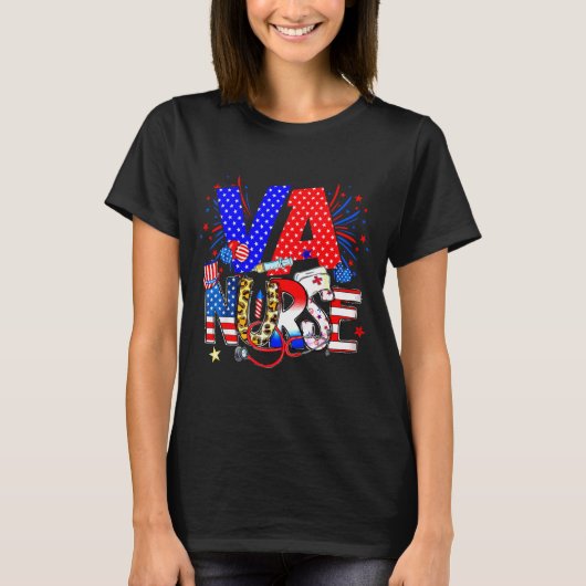 T-shirt Va Nurse 4th Of July American Flag Stethoscope  (Devant)