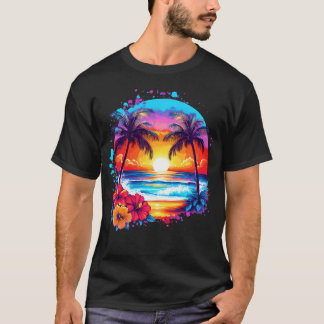 T-shirt Vacances d'été Plage Palmiers Fleurs d'Hibiscus