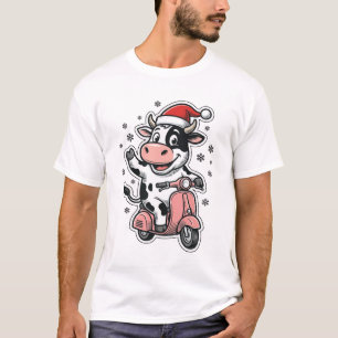 T-shirt Vache de Noël à scooter rose vintage vecteur_1