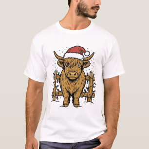 T-shirt Vache des Highlands avec chapeau de Père Noël, gra