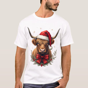 T-shirt Vache des Highlands de Noël vintage avec chapeau d