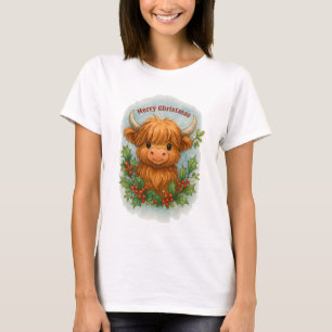 T-shirt Vache des Highlands écossais Noël Holly et Gui
