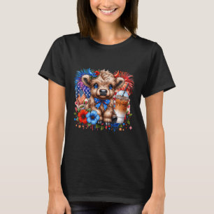 T-shirt Vache des Highlands Fleur 4 Juillet USA Patriotiqu