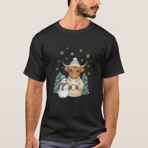 T-shirt Vache des Highlands Joyeux Noël Bonhomme de neige 