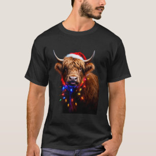 T-shirt Vache écossaise de Noël avec lumières de Noël