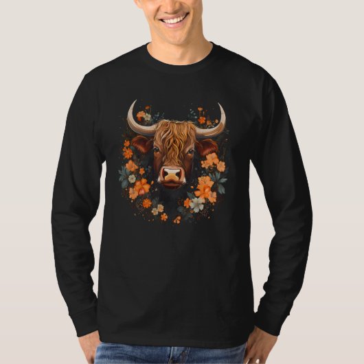 T-shirt Vache écossaise Highland Avec Fleurs Bovins Foral (Devant)