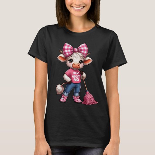 T-shirt Vache en caricature rose avec En vichy Bow (Devant)