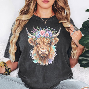 T-shirt Vache Highland à l'aquarelle avec couronne florale
