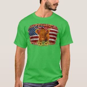 T-shirt Vache Highland avec tournesol Usa Drapeau Patrioti