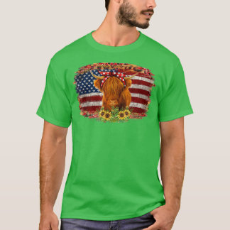 T-shirt Vache Highland avec tournesol Usa Drapeau Patrioti