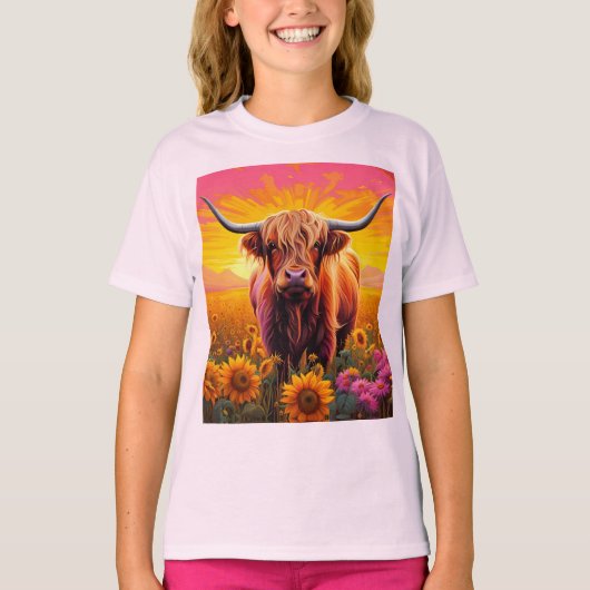 T-shirt Vache Highland dans les tournesols à Sunrise (Devant)