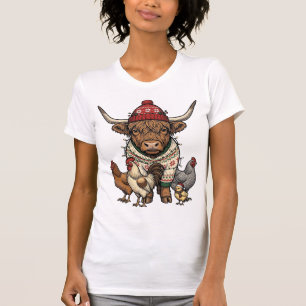 T-shirt Vache Highland et poulets de Noël Gravure Vintage