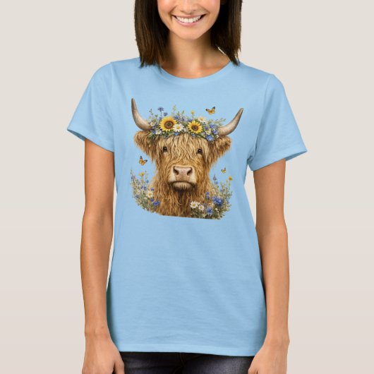 T-shirt Vache Highland Florale Rustique (Devant)