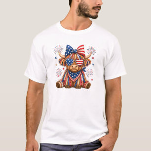 T-shirt Vache Highland patriotique avec étoiles et bandes