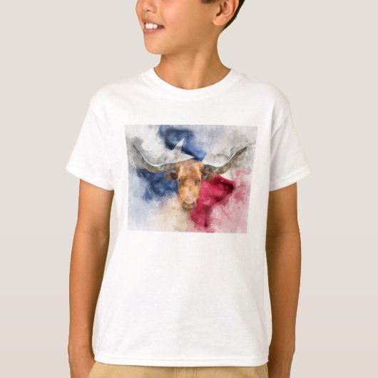 T-shirt Vache Longhorn avec Texas Drapeau Carte Aquarelle (Devant)