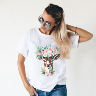 T-shirt Vache marron aquarelle avec couronne de fleurs