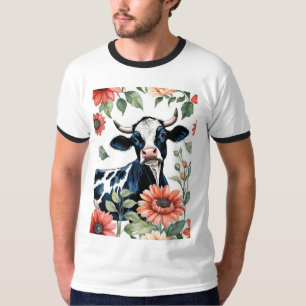 T-shirt Vache noire et blanche avec des fleurs orange