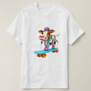 T-shirt Vache portant des patins à rouleaux sur skateboard