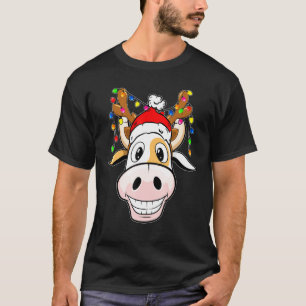 T-shirt Vache Renne Chapeau Père Noël Lumières de Noël Va