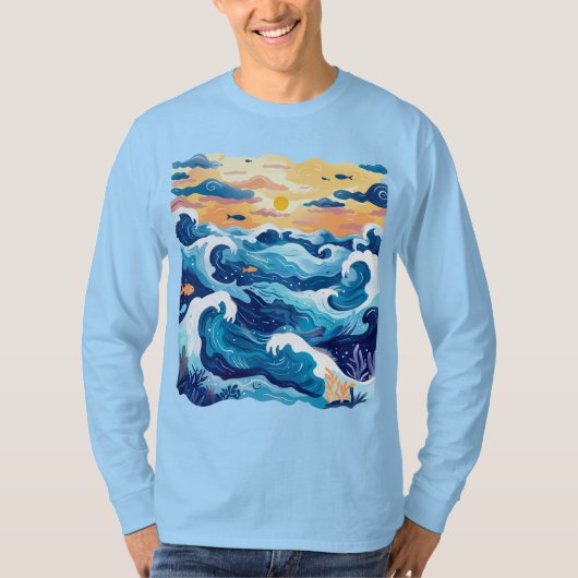 T-shirt Vagues de l'Océan au Coucher du Soleil – M (Devant)