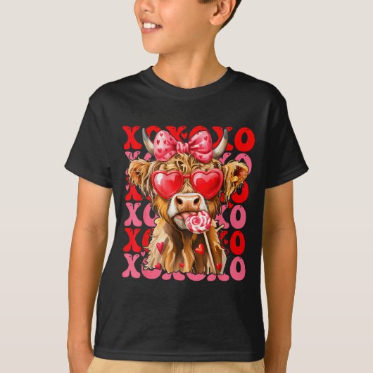 T-shirt Valentine Xoxo Highland Cow Cute Coquette Bow West (Devant)