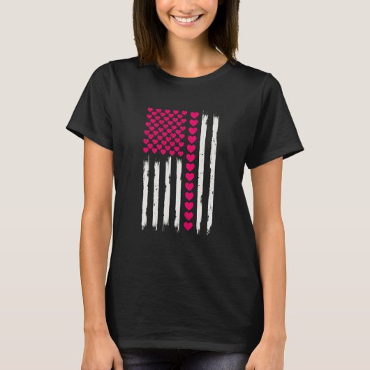 T-shirt Valentines Day American Flag Hearts pink Distresse (Devant)