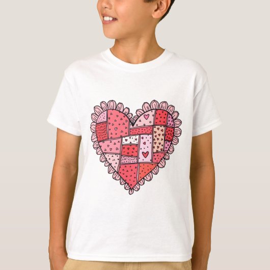 T-shirt Valentine's Day Faux Patchwork Heart Doodle Kids (Devant)