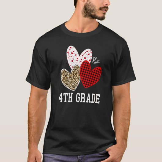 T-shirt Valentines Day Hearts Leopard Red Plaid 4th Grade  (Devant)