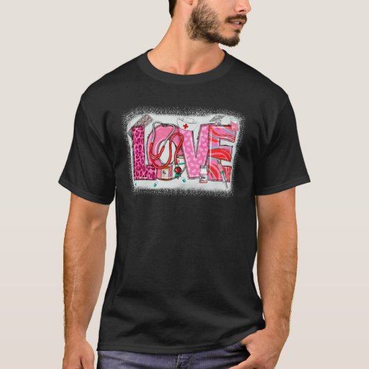 T-shirt Valentines Day Nurse Heart Pink Leopard Nursing Sc (Devant)