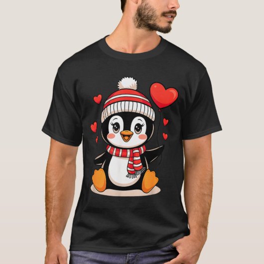 T-shirt Valentine's Day Penguin Heart Balloon Cute (Devant)
