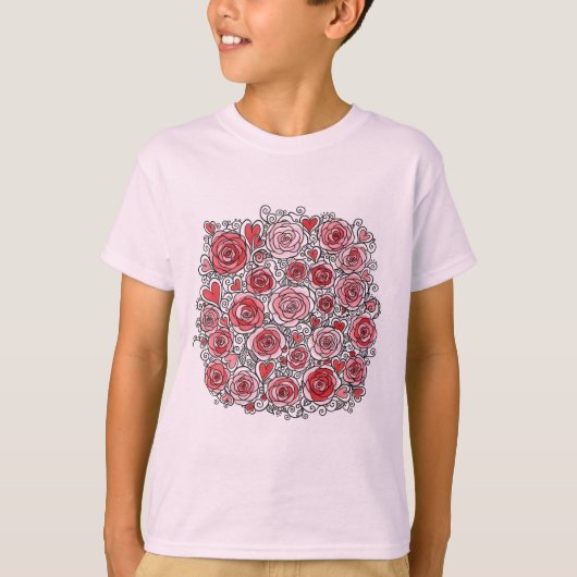 T-shirt Valentine's Day Pink Red Roses Hearts Doodles  (Devant)