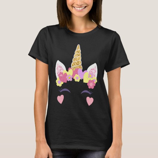 T-shirt Valentine's Day Unicorn Face Hearts Cute Matching  (Devant)