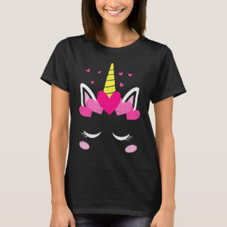 T-shirt Valentine's Day Unicorn Face Hearts Cute Matching 