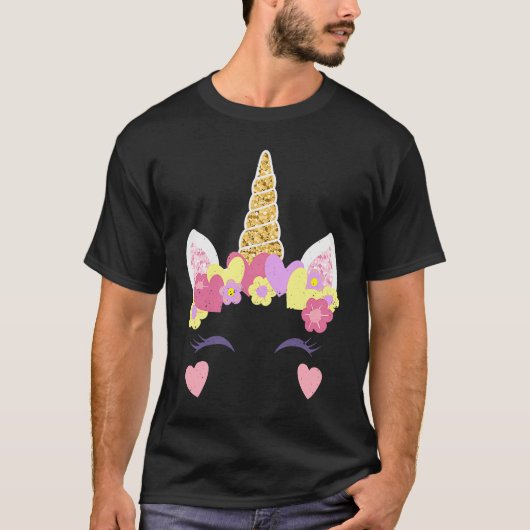 T-shirt Valentine's Day Unicorn Face Hearts Cute Matching  (Devant)
