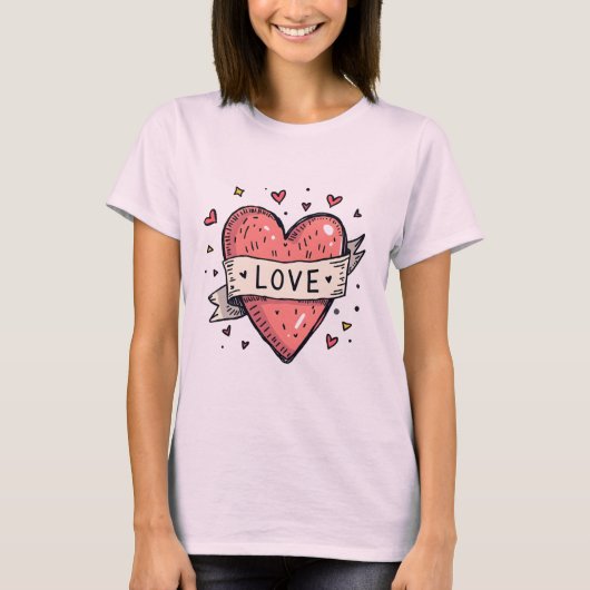 T-shirt Valentine's Day Vintage Heart Doodle Love (Devant)