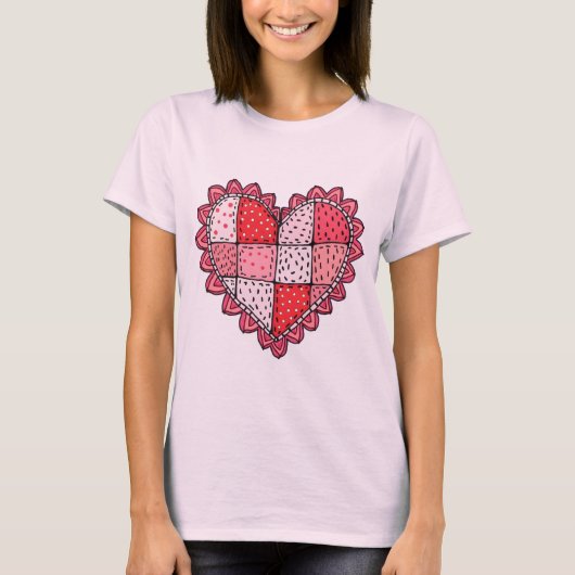 T-shirt Valentine's Doodle Art Style Faux Patchwork Heart  (Devant)
