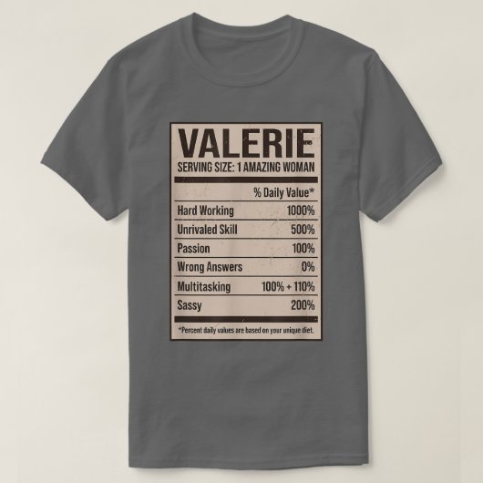 T-shirt Valerie Valeur nutritive Nom Pseudo Alias Titre (Design devant)