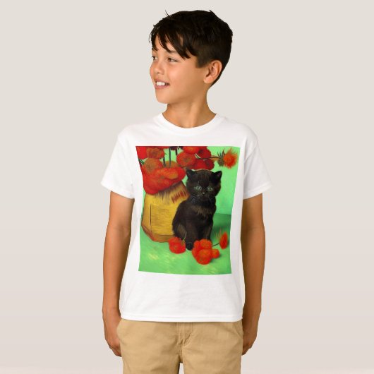 T-shirt Van Gogh Black Kitten Fleurs rouges (Devant entier)
