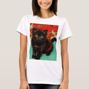 T-shirt Van Gogh Chat noir Fleurs rouges