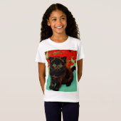 T-Shirt Van Gogh Chat noir Fleurs rouges (Devant entier)