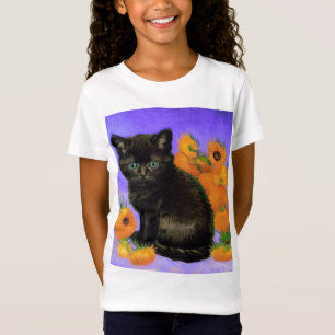 T-Shirt Van Gogh Kitten noir avec des tournesols