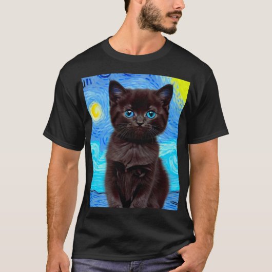 T-shirt Van Gogh Starry Night Black Cat (Devant)