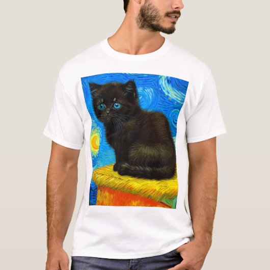 T-shirt Van Gogh Style Starry Night Cat (Devant)