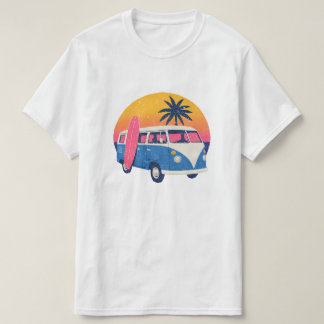 T-shirt Van Retro bleu et coucher de soleil rose